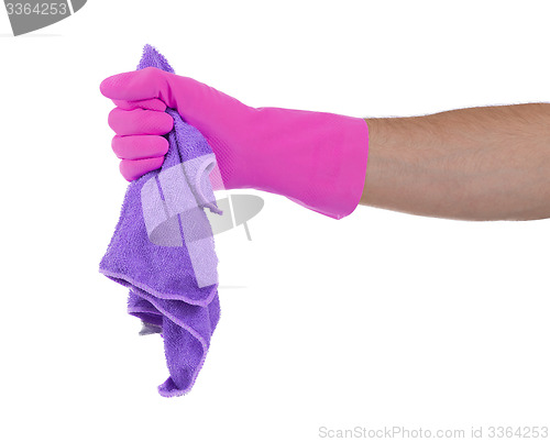 Image of Hand wearing rubber glove and hold rag(mop)