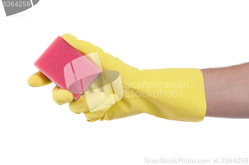 Image of Mans hand in rubber glove with sponge isolated