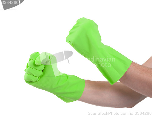 Image of Hands in a rubber gloves gesturing fist