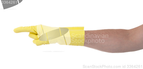 Image of Hand in an cleaning glove making a directional sign