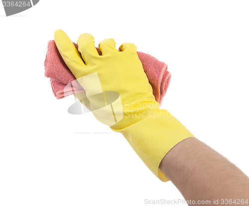 Image of Hand wearing rubber glove and hold rag(mop)