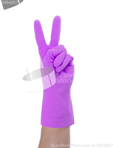 Image of Hand in rubber gloves gesturing, close up