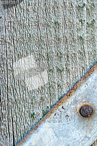 Image of Closeup head of big metal screw on wooden plate
