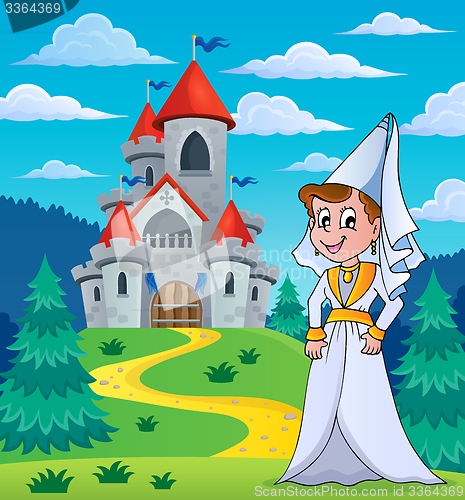 Image of Medieval lady near fairy tale castle