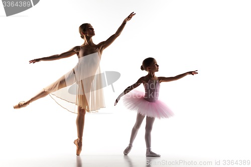 Image of The little ballerina dancing with personal ballet teacher in dance studio