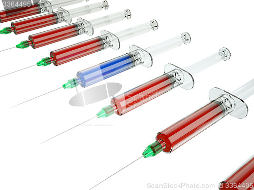 Image of Red syringe among blue ones as right medical choice