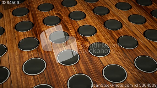 Image of Wall of sound many speakers on wooden background