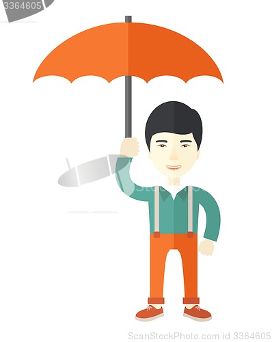 Image of Chinese businessman with umbrella as protection.