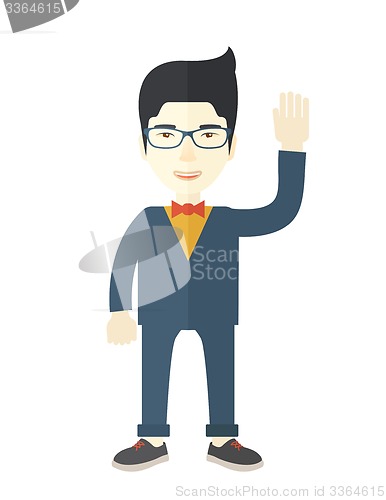 Image of Failure chinese businessman standing waving his hand.