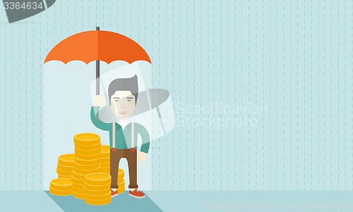 Image of Chinese businessman with umbrella as protection for his investment.