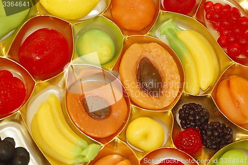 Image of fruit candy in shape of fruits apricot blackberry