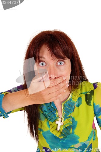 Image of Surprised woman with hand on mouth.