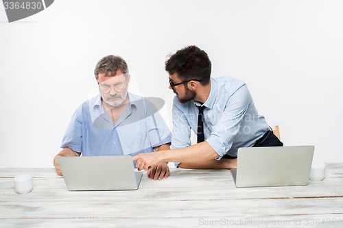 Image of The two colleagues working together at office on white background