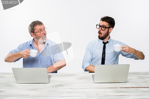 Image of The two colleagues working together at office on white background