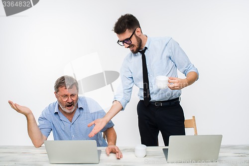 Image of The two colleagues working together at office on white background