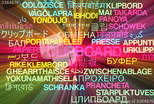 Image of Clipboard multilanguage wordcloud background concept glowing