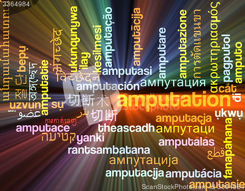 Image of Amputation multilanguage wordcloud background concept glowing