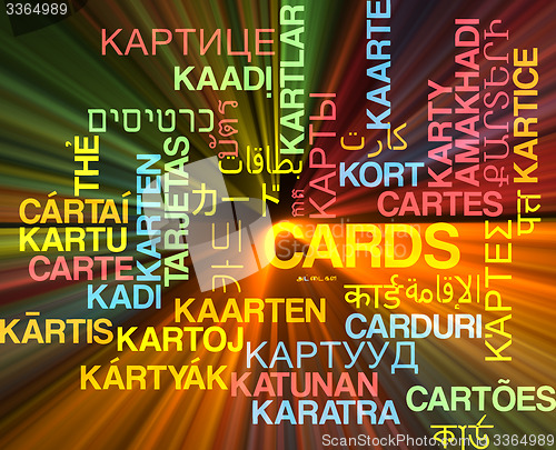 Image of Cards multilanguage wordcloud background concept glowing