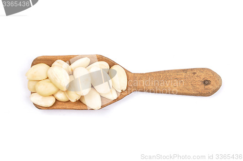 Image of Blanched almonds on shovel