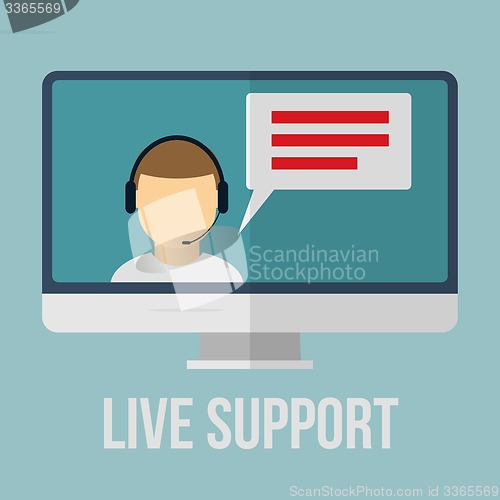 Image of Technical support concept with human icon and monitor. Flat design vector illustration. 