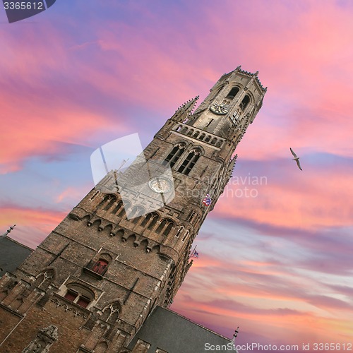 Image of Belfry bell tower on sunset in Bruges