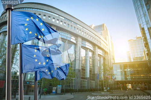 Image of European union flag against parliament in Brussels