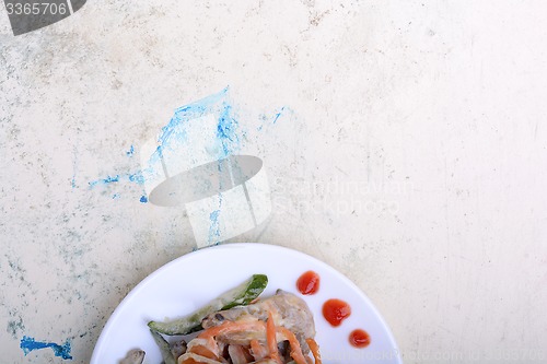 Image of mushroom salad with champignon and fresh carrots, white plate on white plate with watercolor