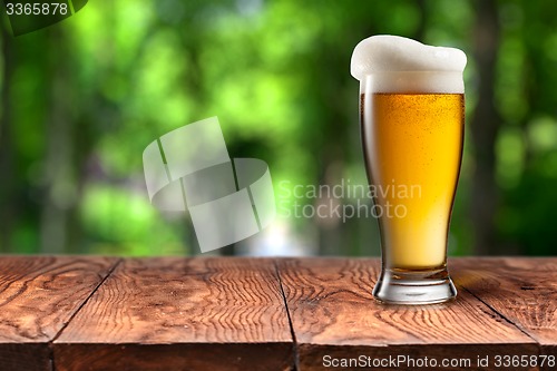 Image of Beer in glass on wooden table against green