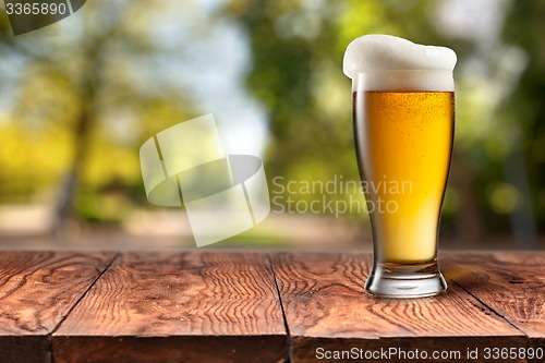 Image of Beer in glass on wooden table against green