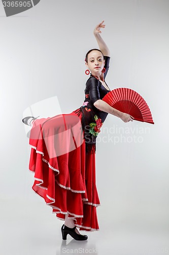 Image of young woman dancing flamenco in red dress on white