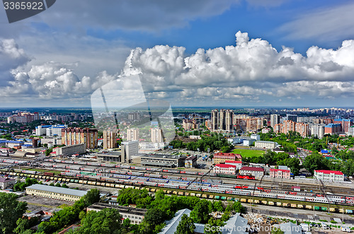 Image of Aerial view onto railway station in Tyumen. Russia