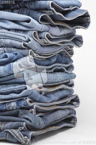 Image of the heap of modern designer blue jeans