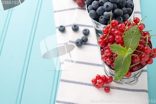 Image of Plums, red currants and blueberries in small metal bucket