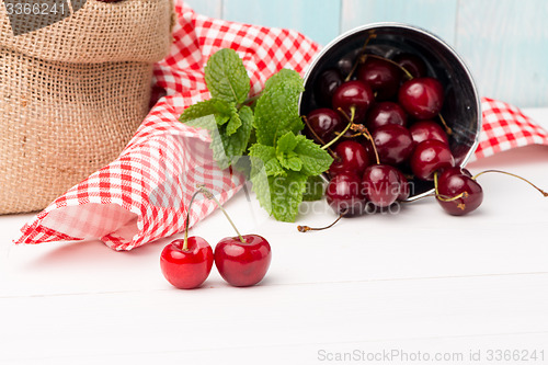 Image of Cherries in small metal bucket
