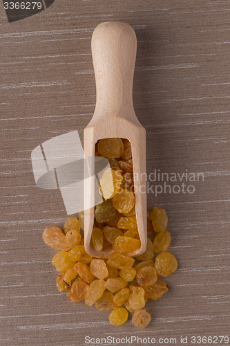 Image of Wooden scoop with golden raisins
