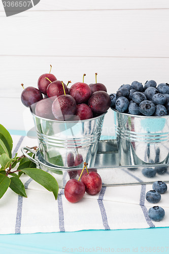 Image of Plums in small metal bucket
