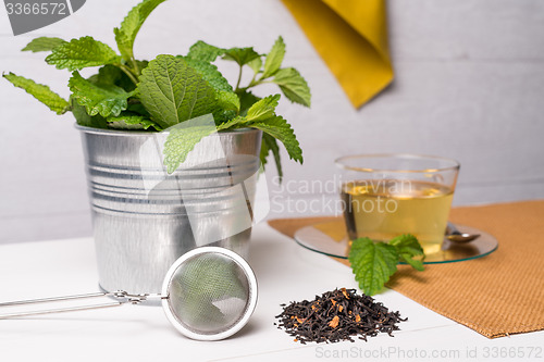 Image of Herbal tea with melissa in a glass cup