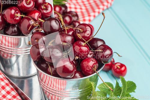 Image of Cherries in blue wooden table