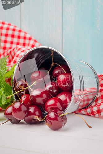 Image of Cherries in small metal bucket