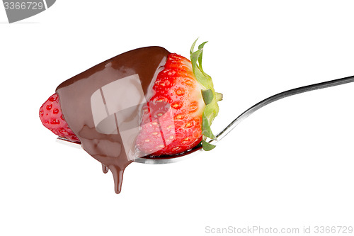 Image of Strawberry and chocolate on a fork