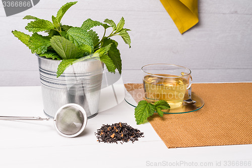 Image of Herbal tea with melissa in a glass cup