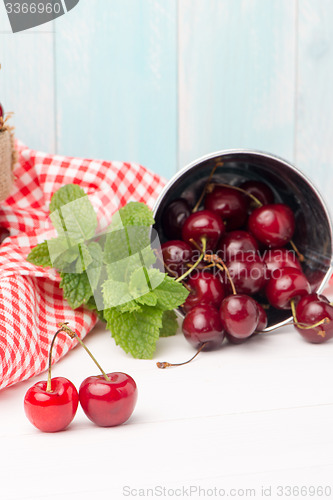 Image of Cherries in small metal bucket