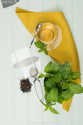 Image of Herbal tea with melissa in a glass cup