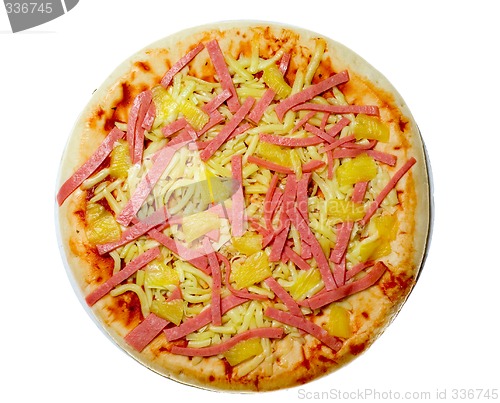 Image of Uncooked ham and pineapple pizza

