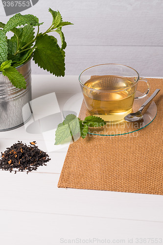 Image of Herbal tea with melissa in a glass cup