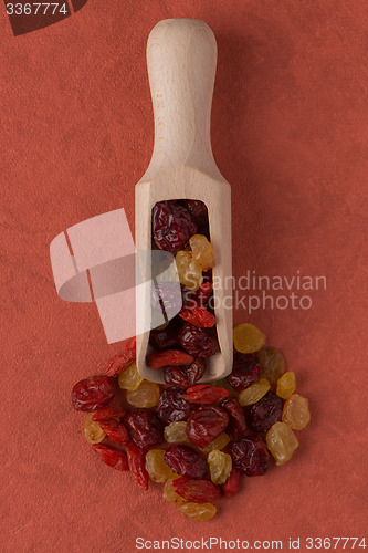 Image of Wooden scoop with mixed dried fruits