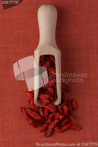 Image of Wooden scoop with dry red goji berries