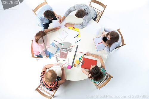 Image of Top view of business team on workspace background 