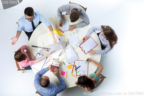 Image of Top view of business team on workspace background 