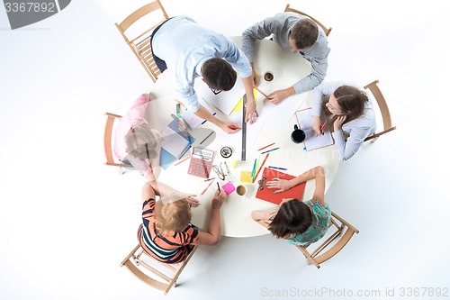Image of Top view of business team on workspace background 